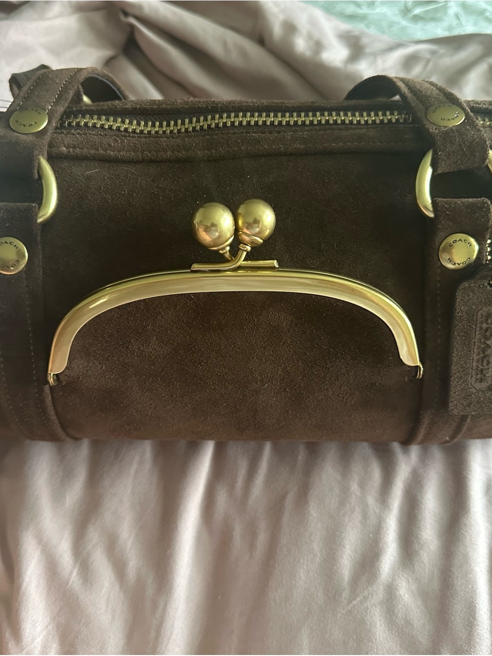 Coach Brown Suede Shoulder Bag with Gold-Tone Hardware